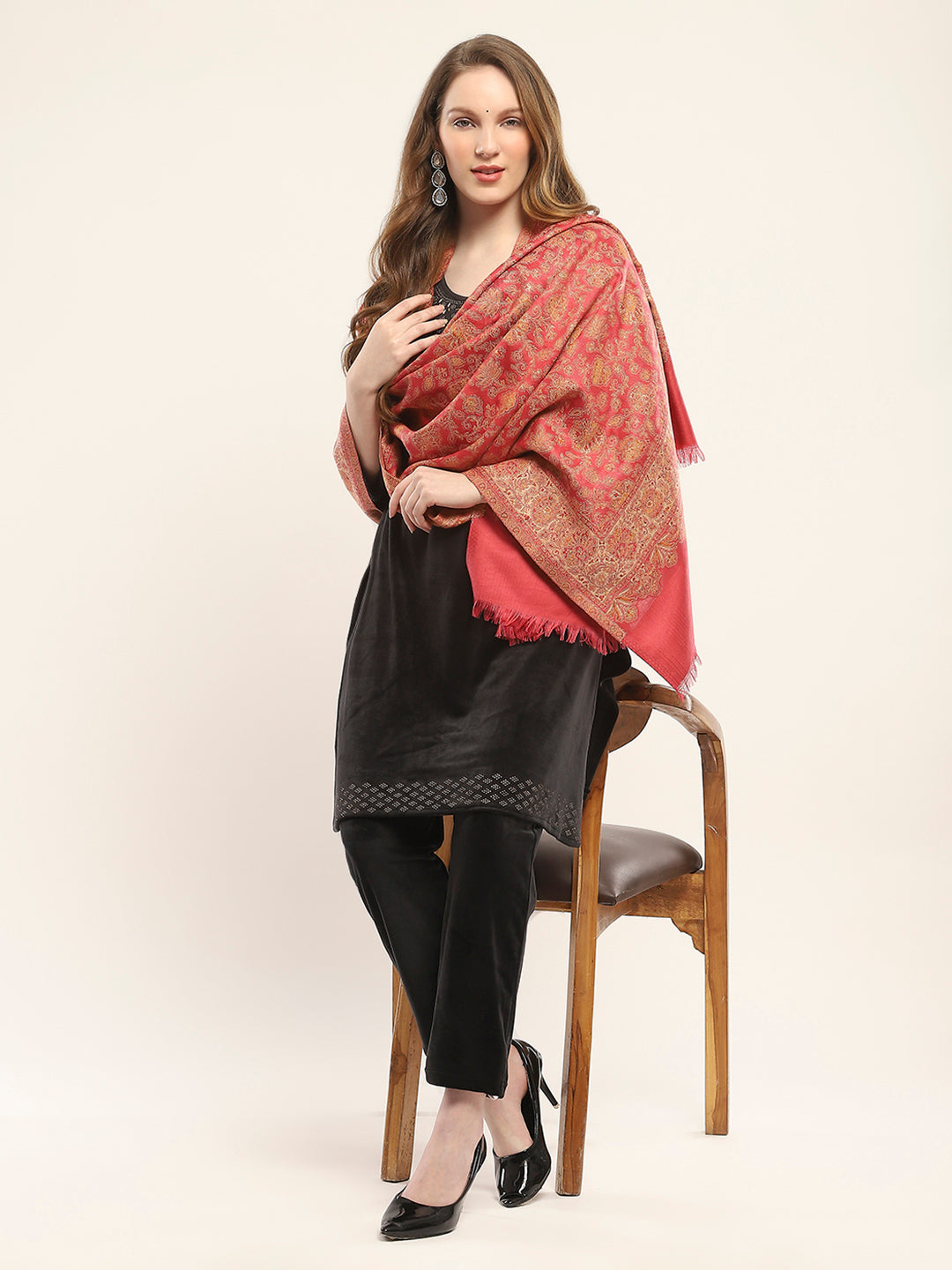 Women Red Self Design Shawl