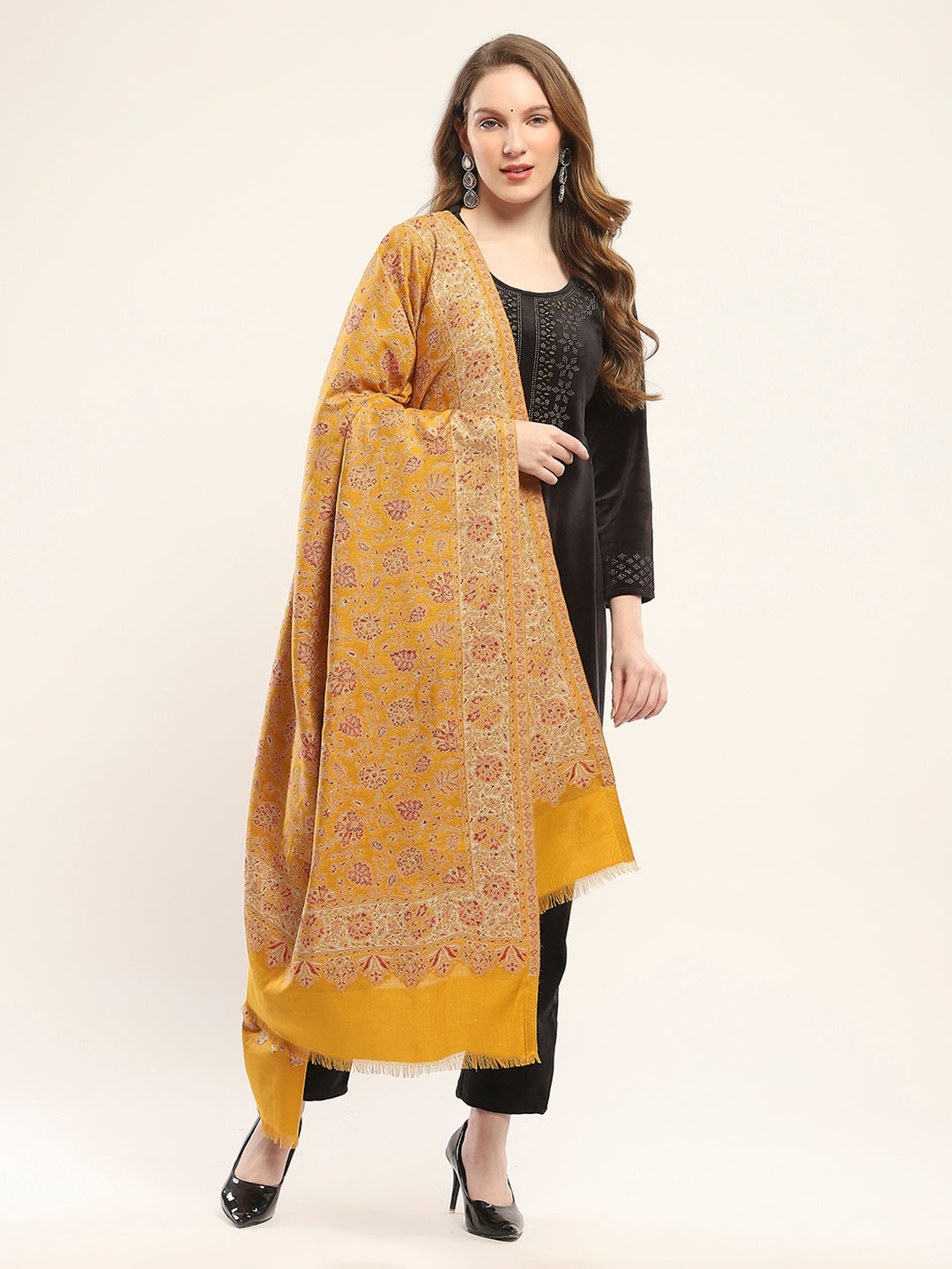 Women Mustard Self Design Shawl