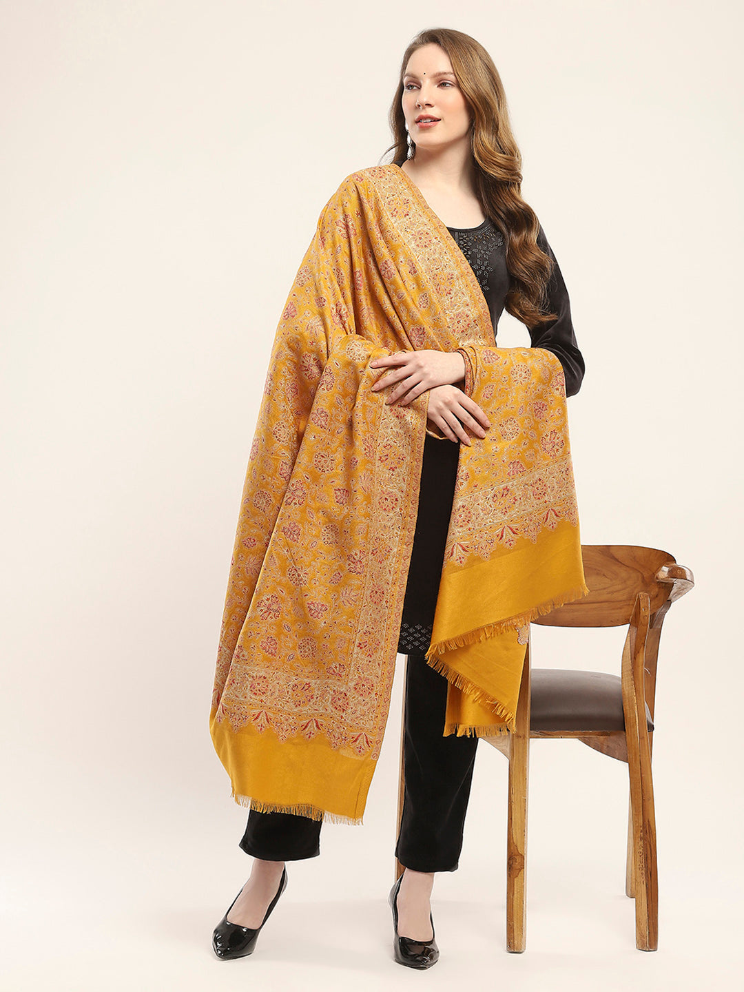 Women Mustard Self Design Shawl