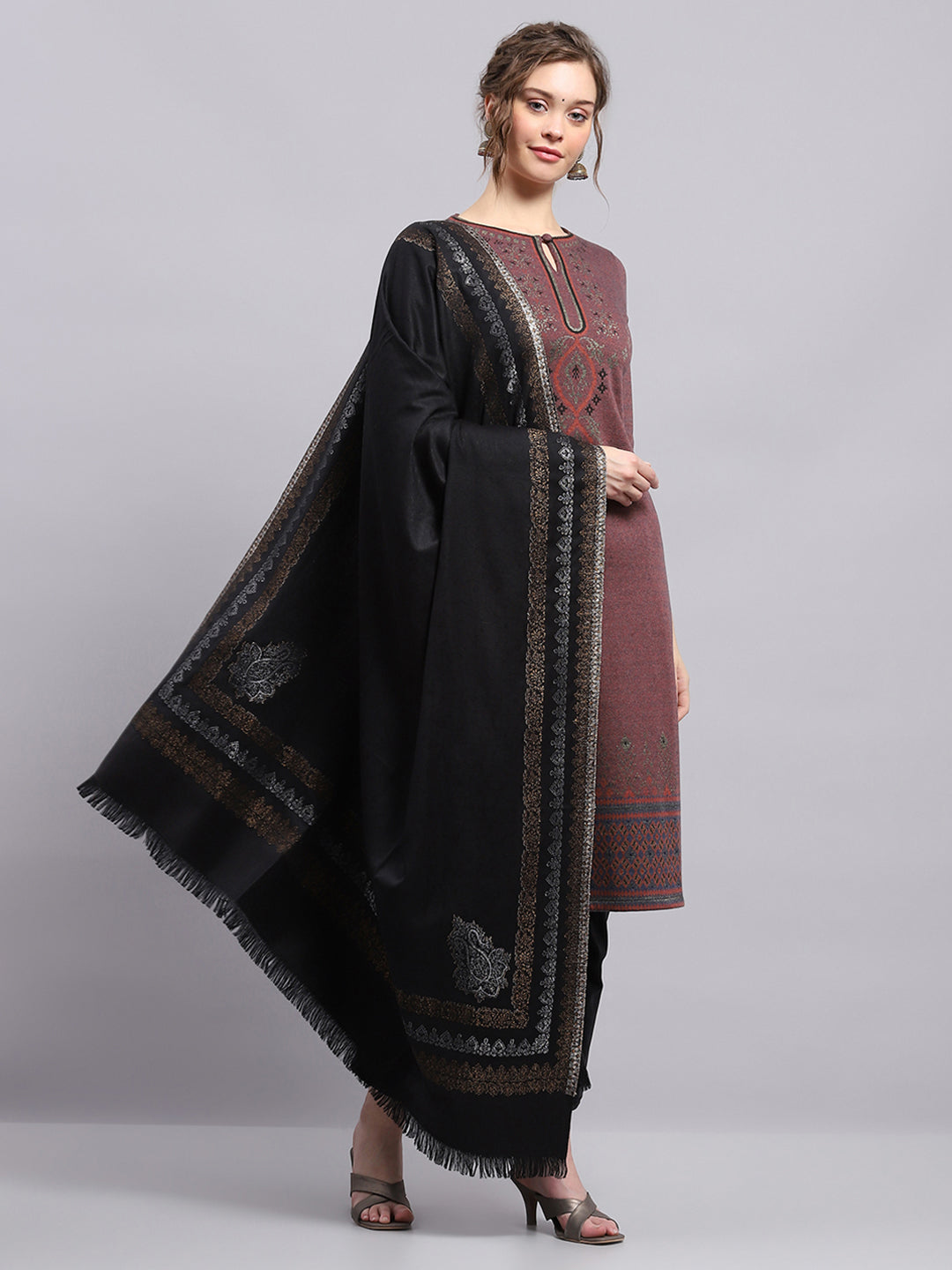 Women Black Self Design Shawl