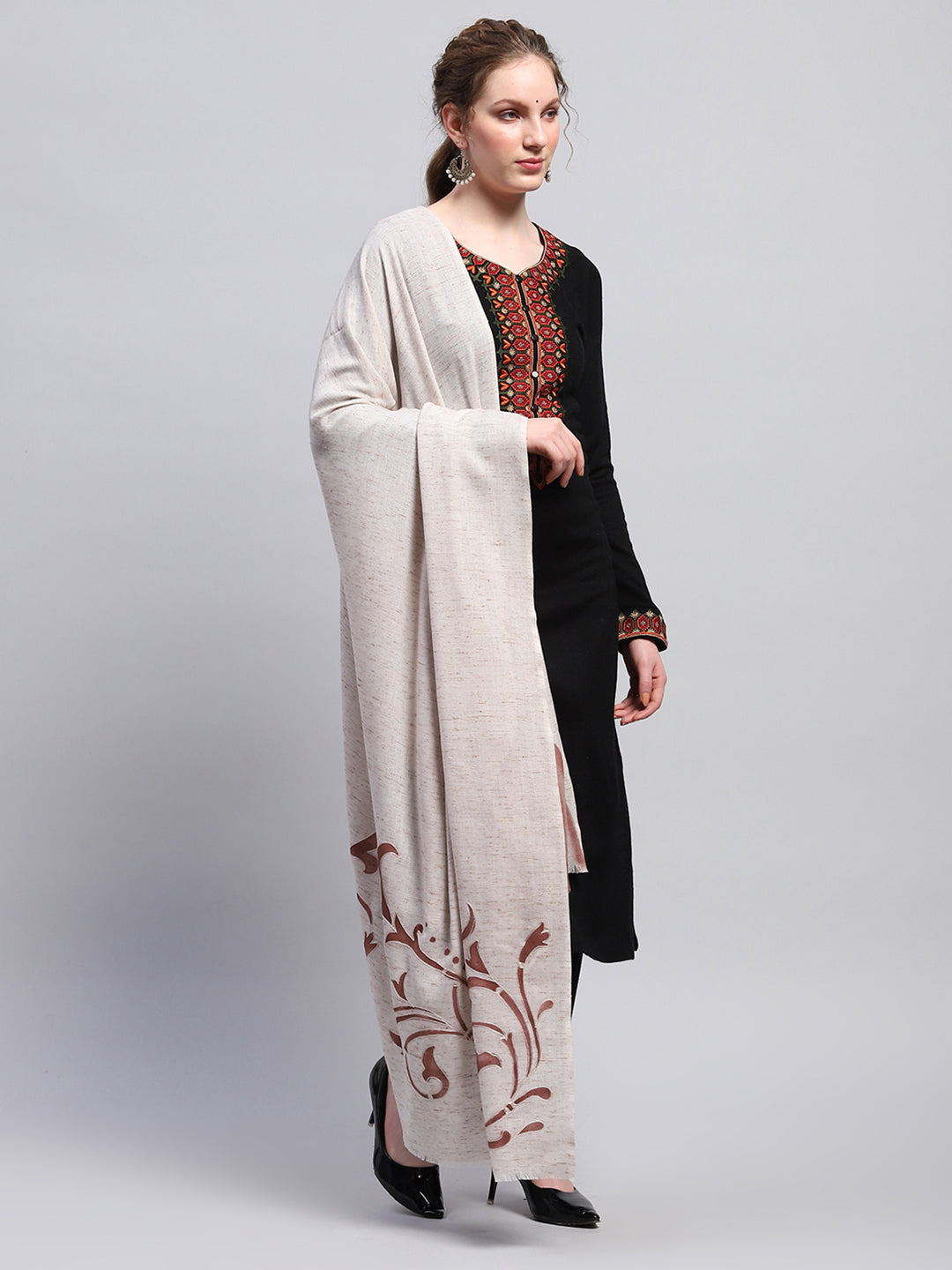 Women Cream Self Design Shawl