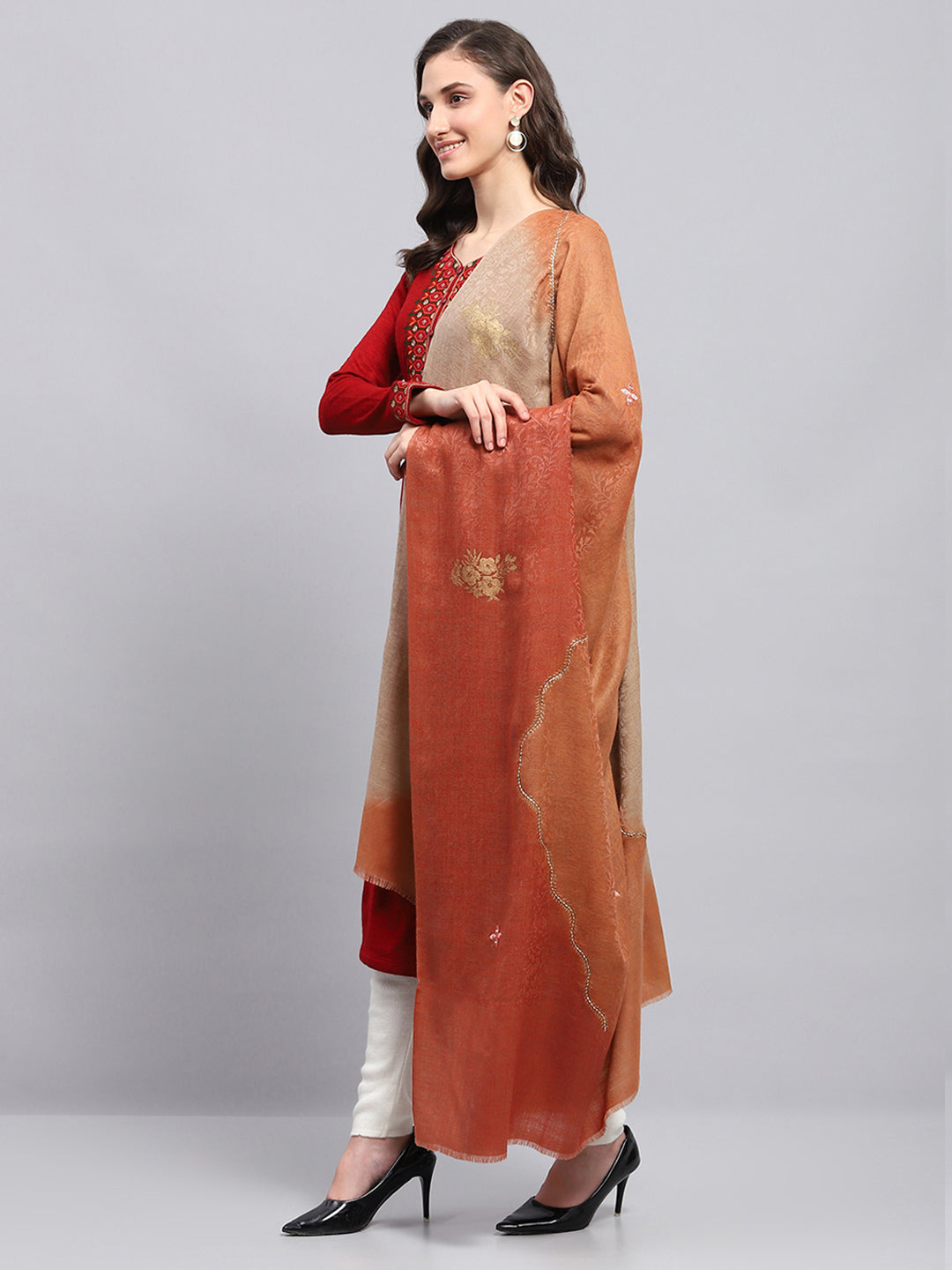 Women Rust Self Design Shawl