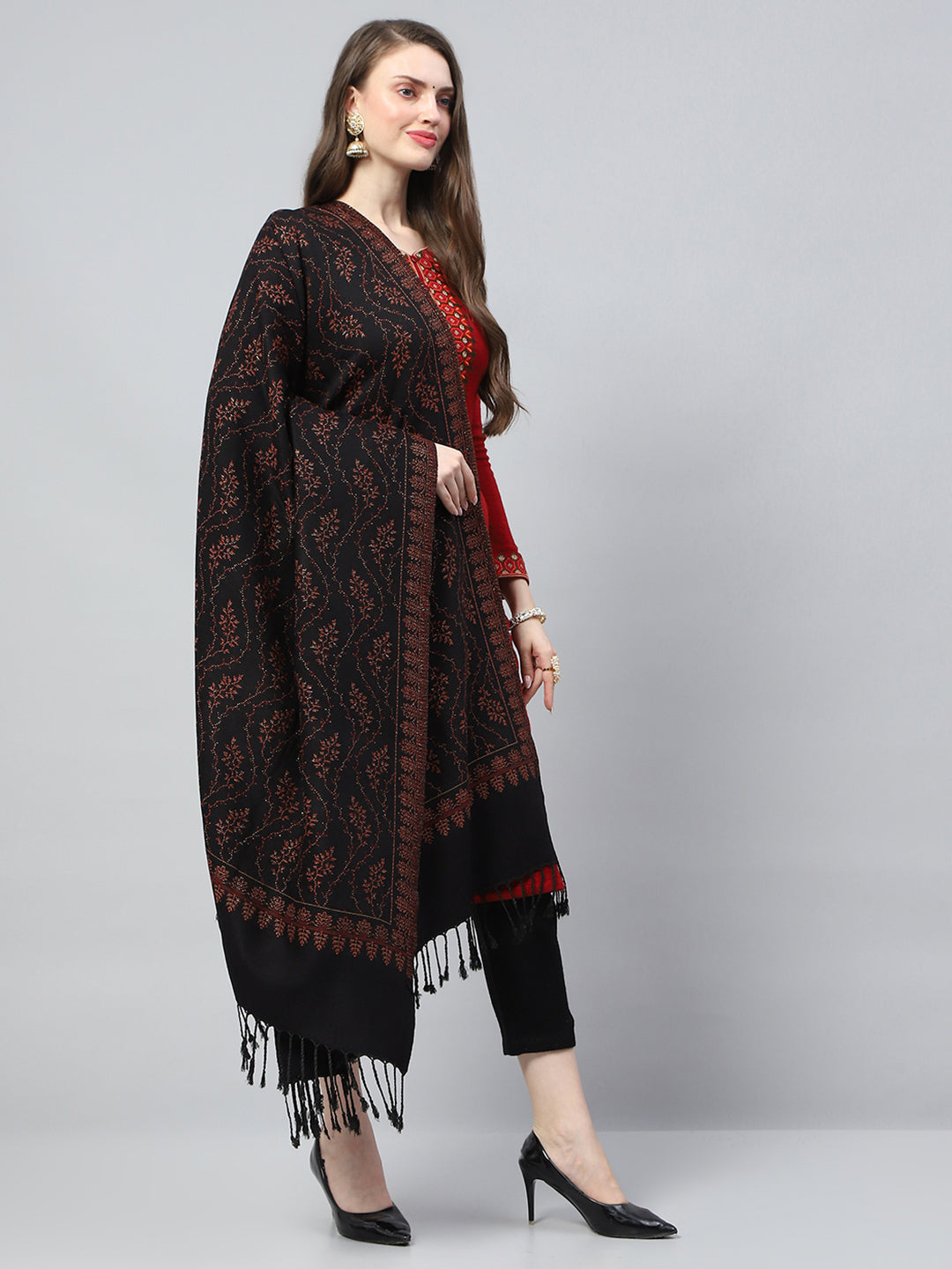 Women Black Self Design Reversible Shawl