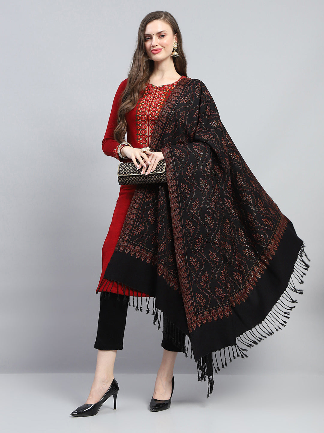 Women Black Self Design Reversible Shawl