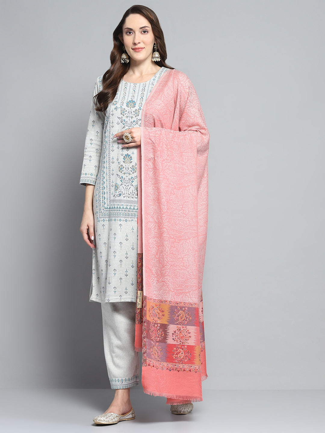 Women Peach Self Design Shawl