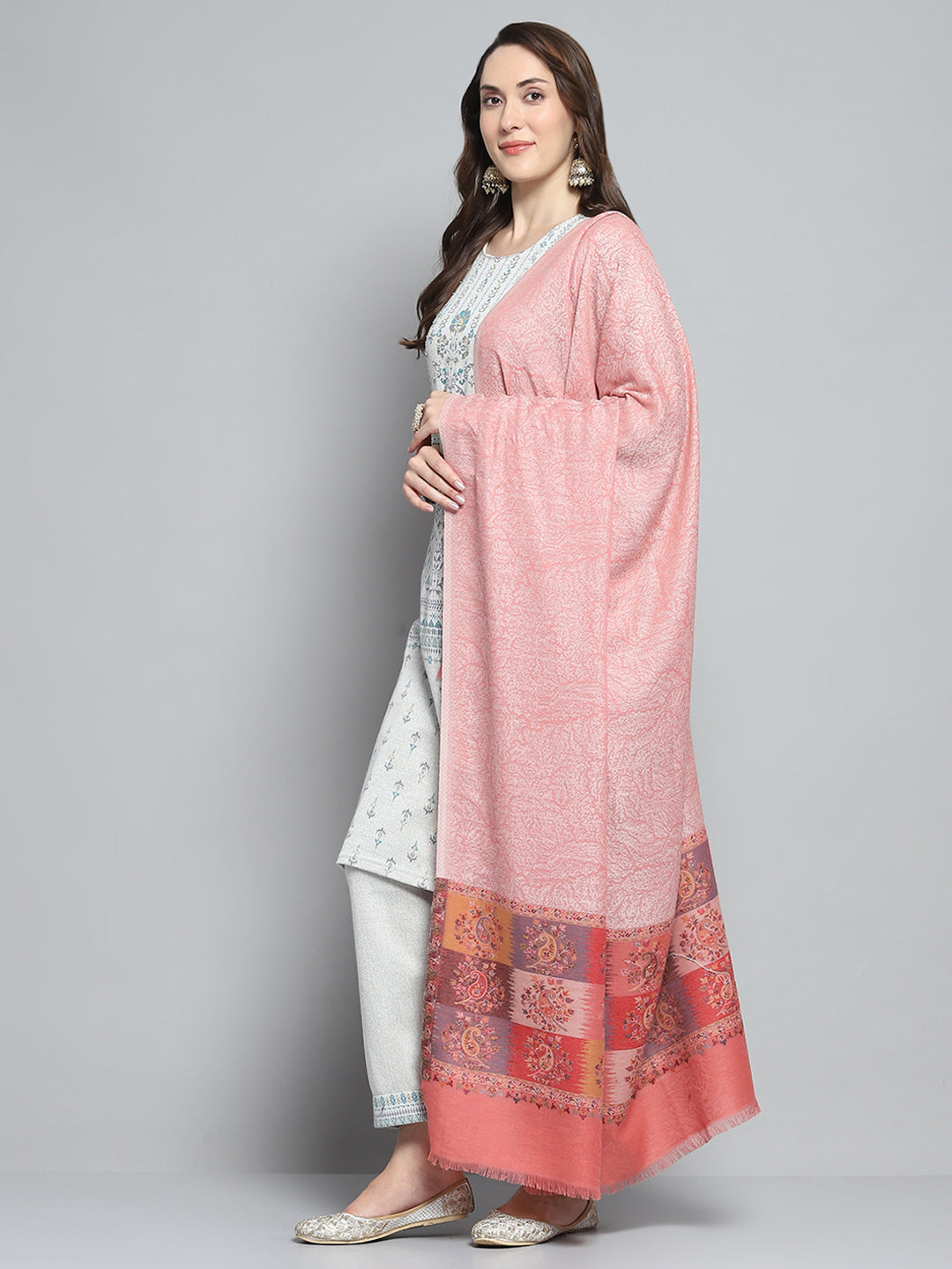 Women Peach Self Design Shawl