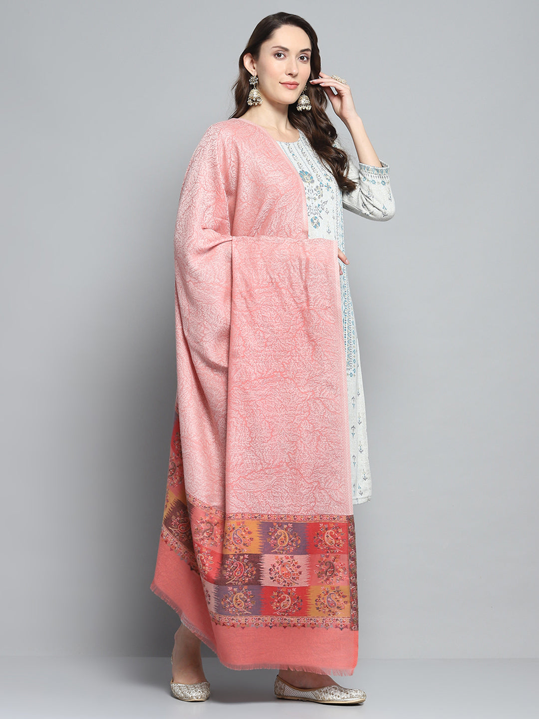 Women Peach Self Design Shawl