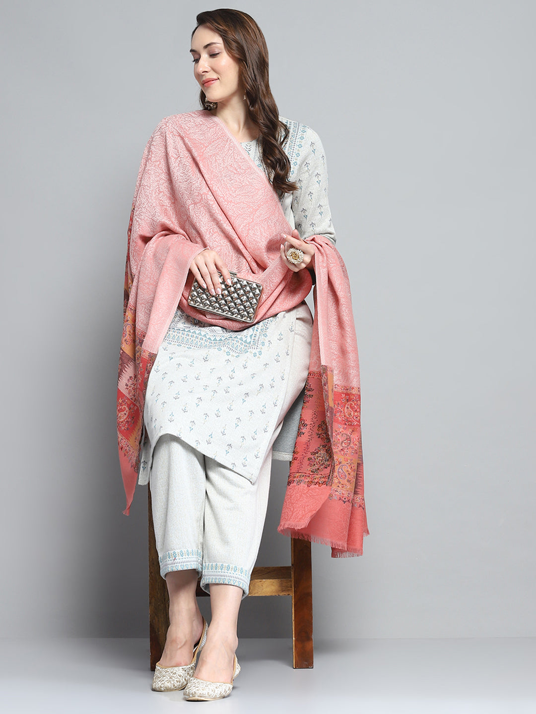 Women Peach Self Design Shawl