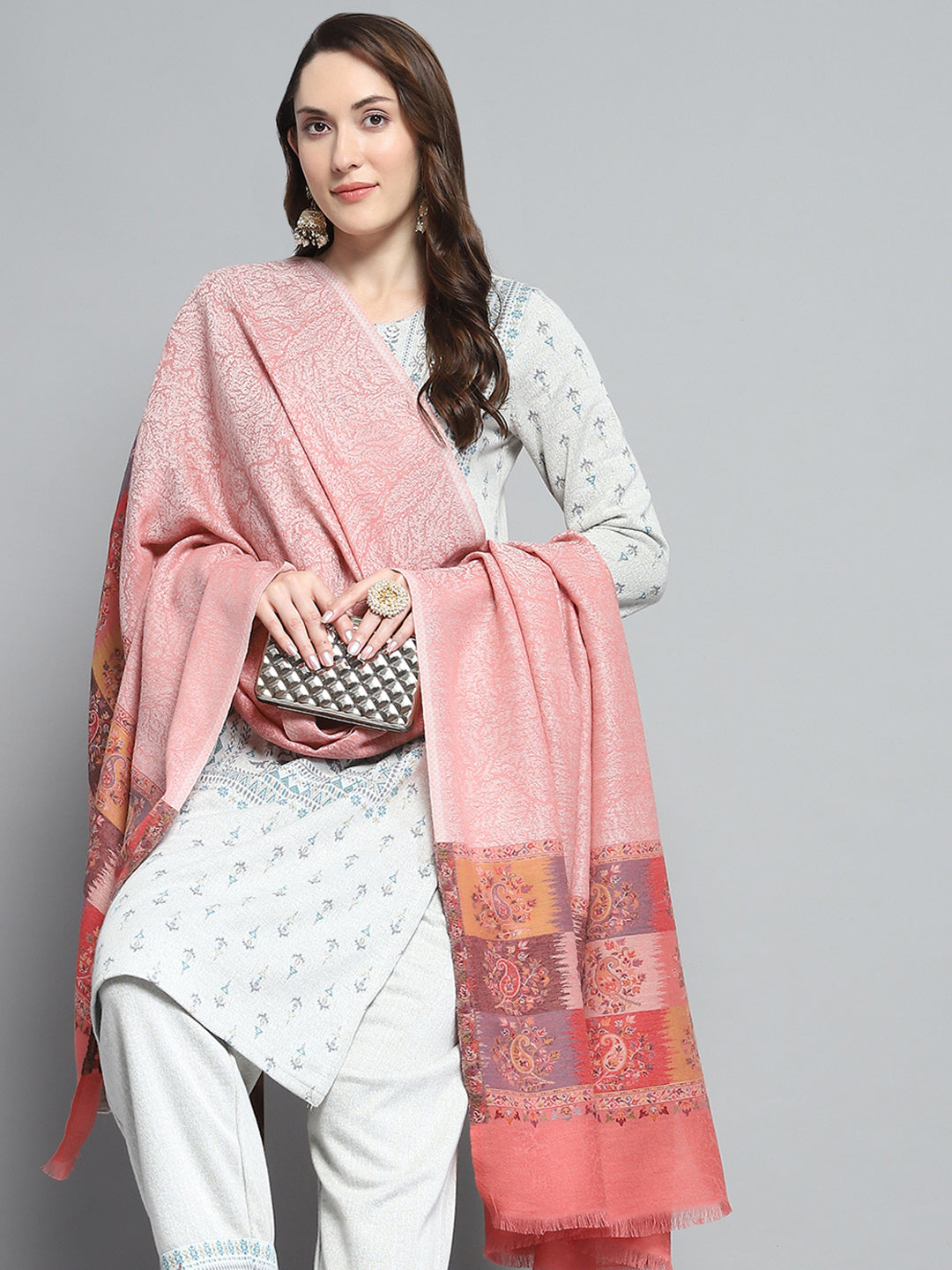 Women Peach Self Design Shawl