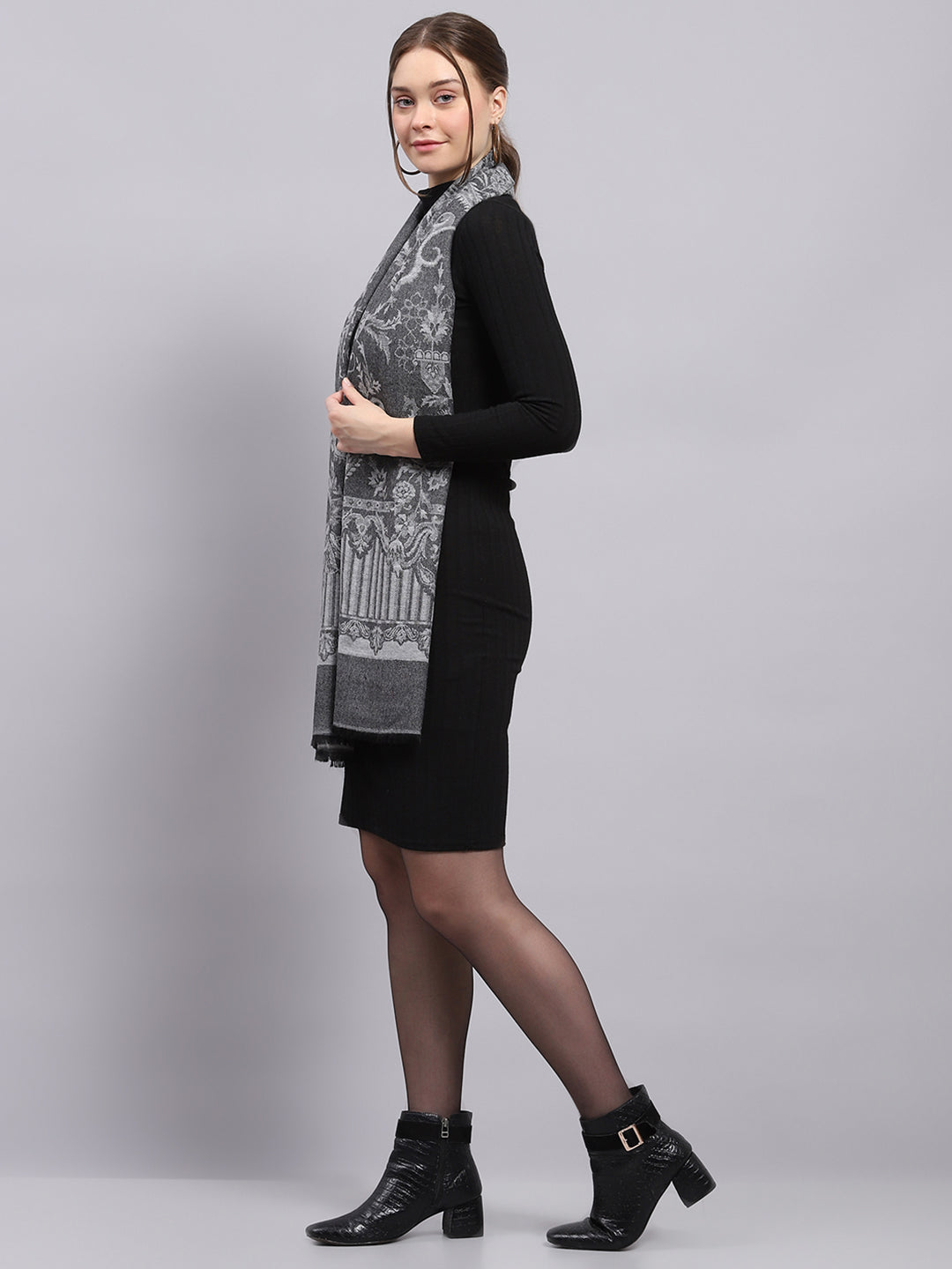 Women Grey Self Design Stole
