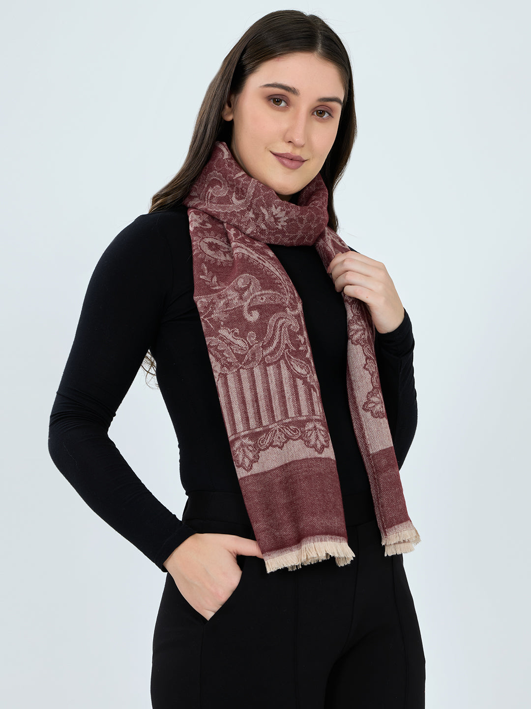 Women Maroon Embroidered Polyester Acrylic Stole