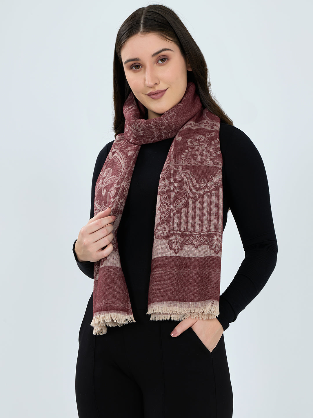 Women Maroon Embroidered Polyester Acrylic Stole