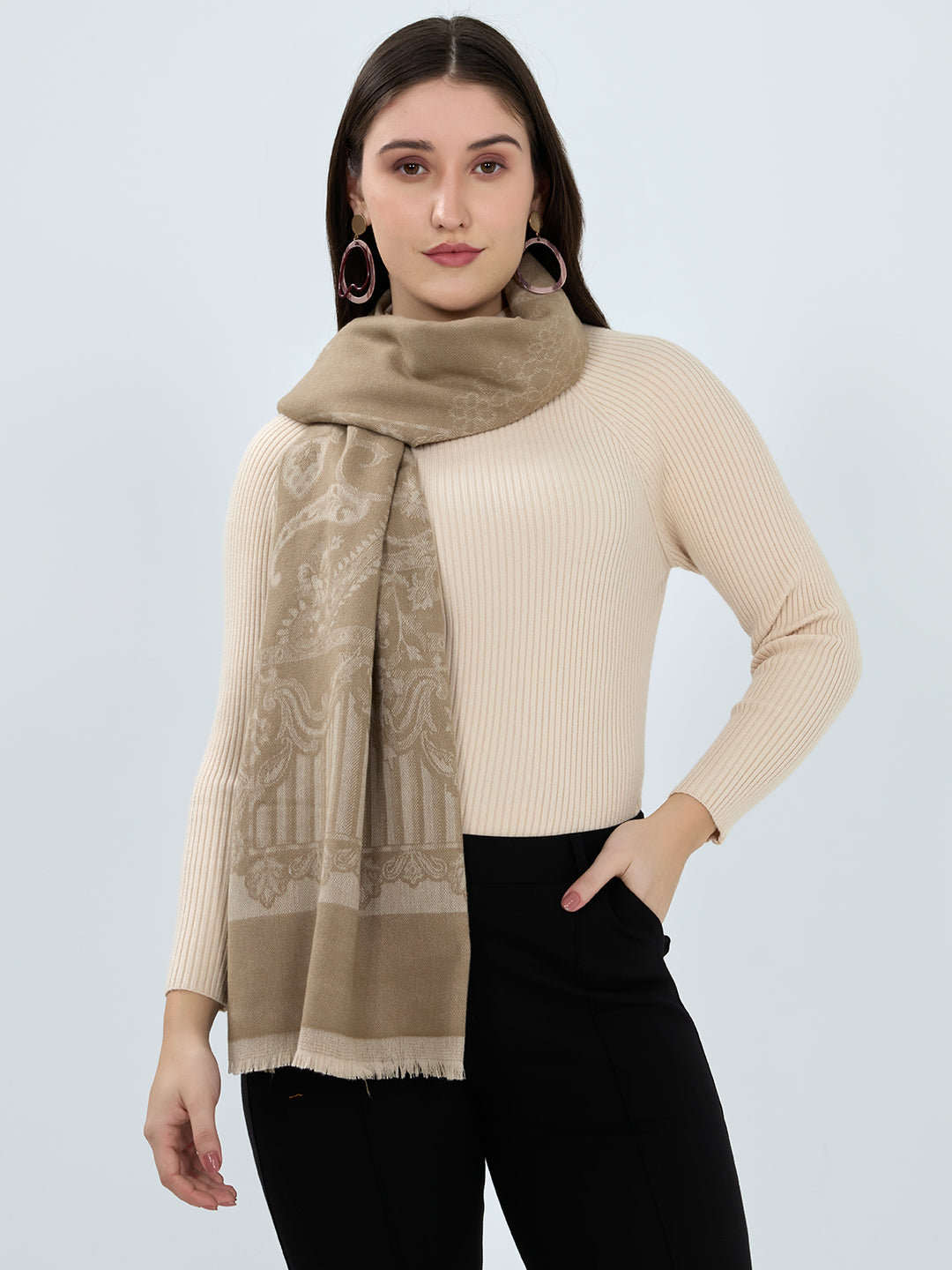 Women Beige Embroidered Polyester Acrylic Stole