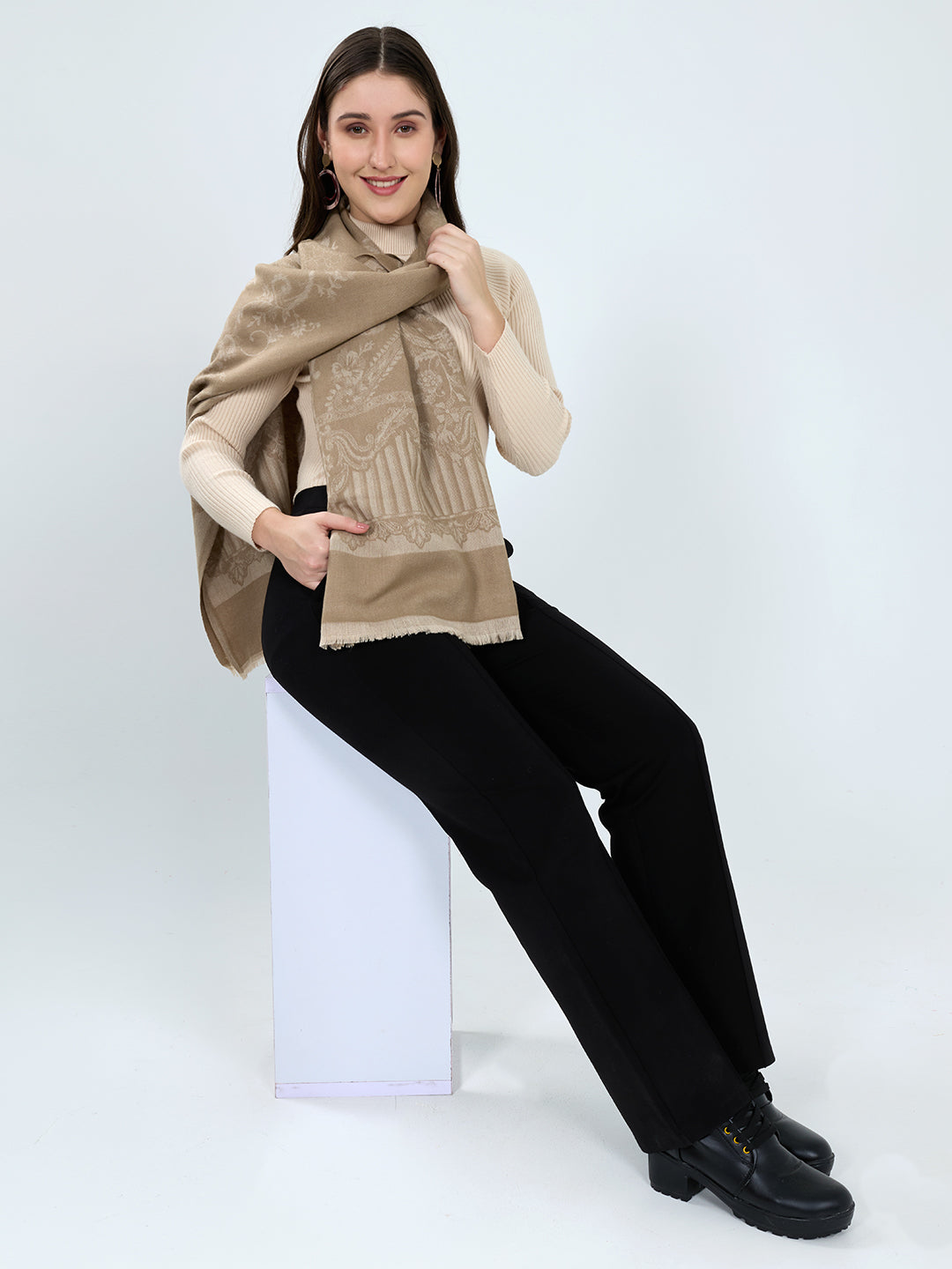 Women Beige Embroidered Polyester Acrylic Stole