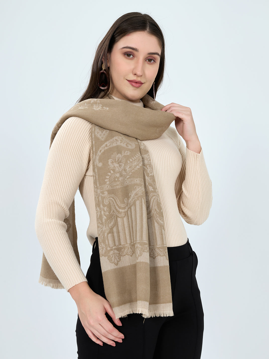 Women Beige Embroidered Polyester Acrylic Stole