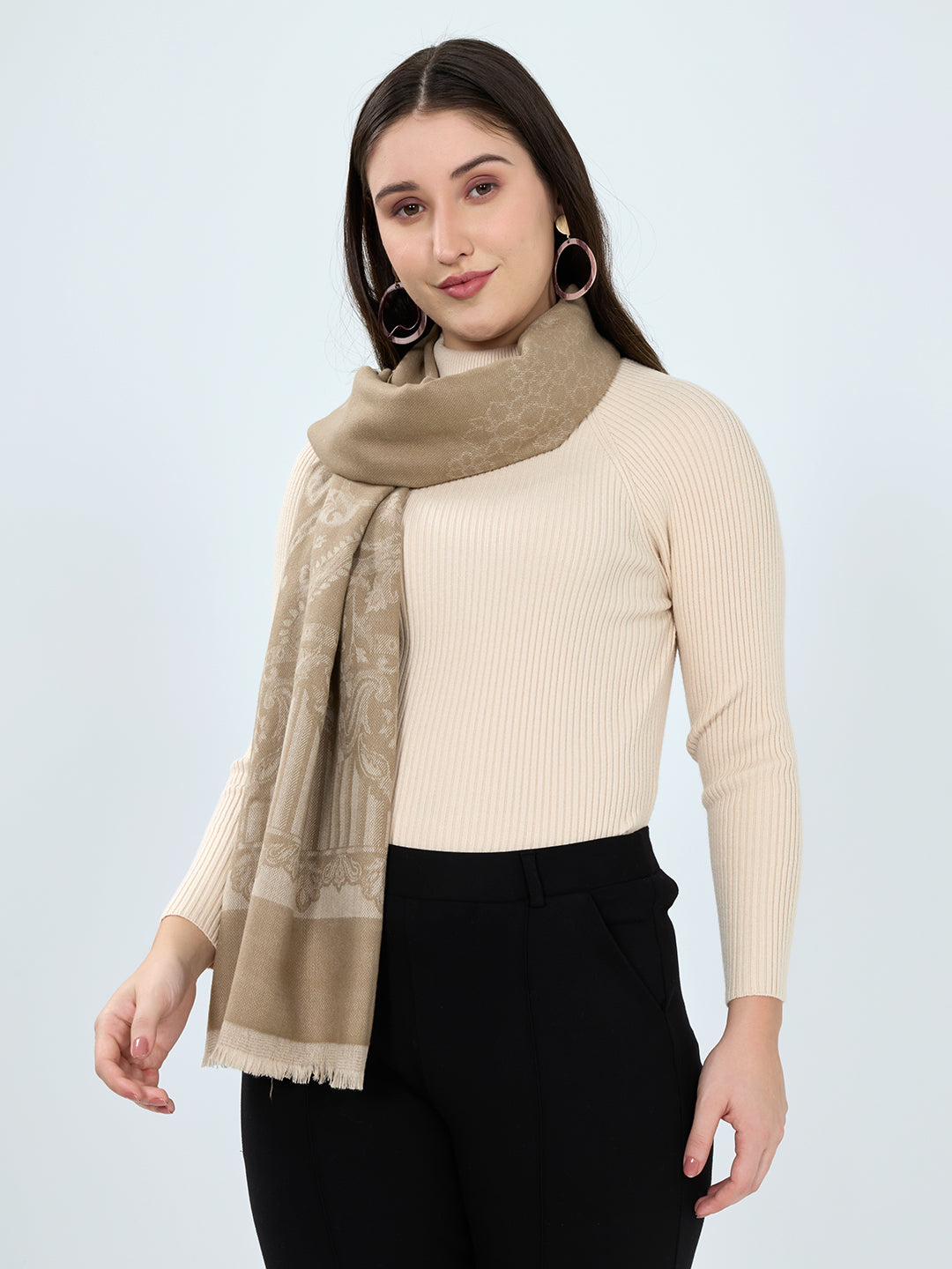 Women Beige Embroidered Polyester Acrylic Stole
