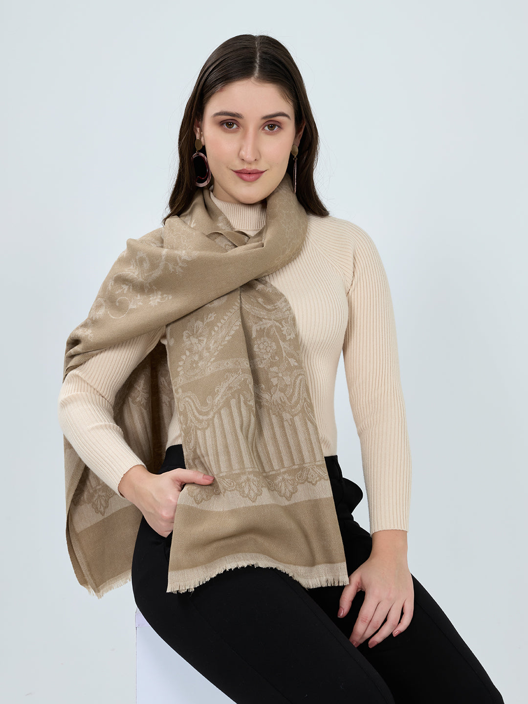 Women Beige Embroidered Polyester Acrylic Stole