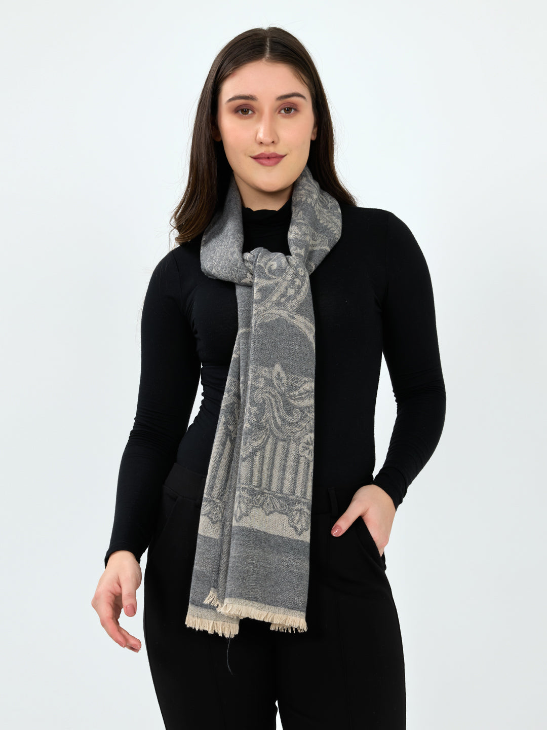 Women Grey Embroidered Polyester Acrylic Stole