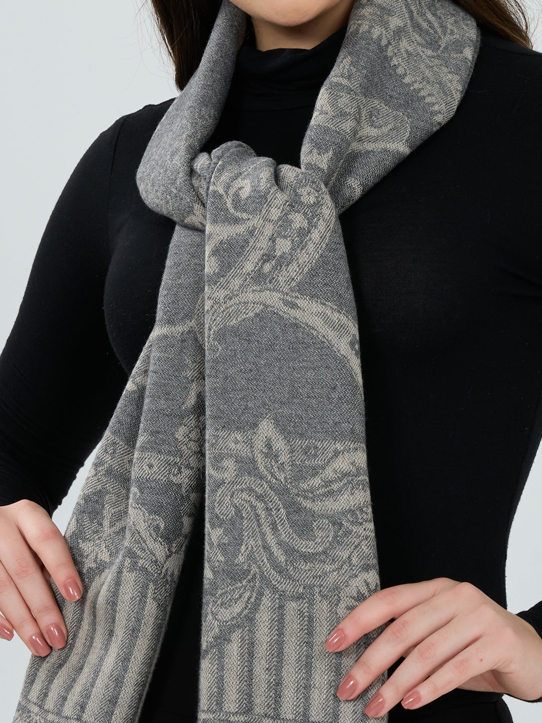 Women Grey Embroidered Polyester Acrylic Stole