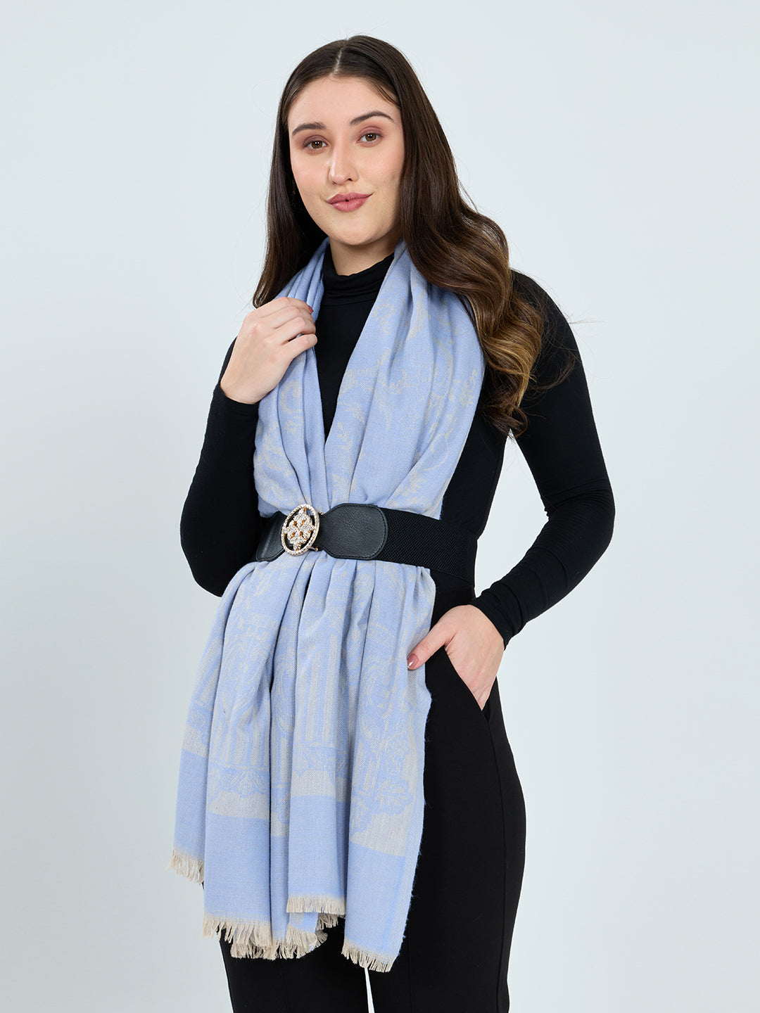 Women Blue Embroidered Polyester Acrylic Stole