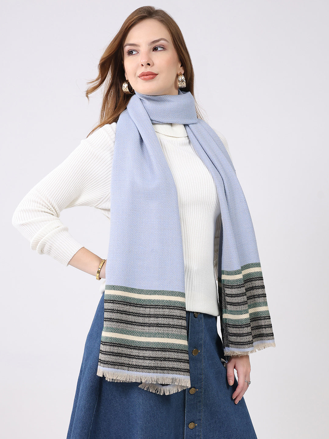 Women Blue Self Design Wool Stole