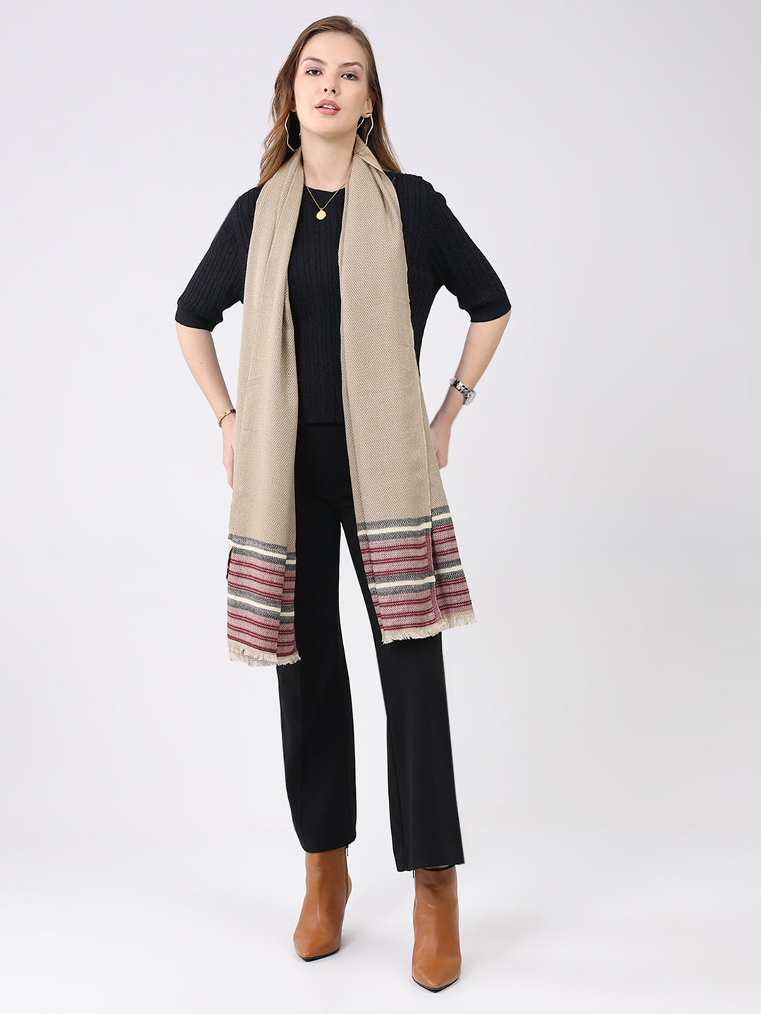 Women Beige Self Design Wool Stole