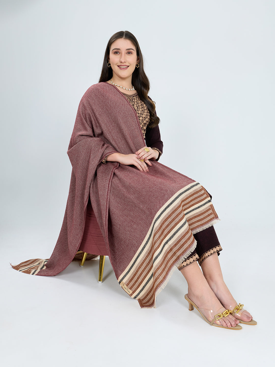 Women Maroon Stripe Polyester Acrylic Stole