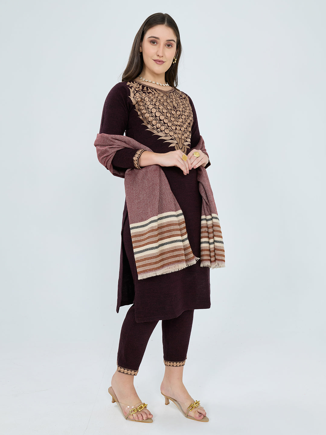 Women Maroon Stripe Polyester Acrylic Stole