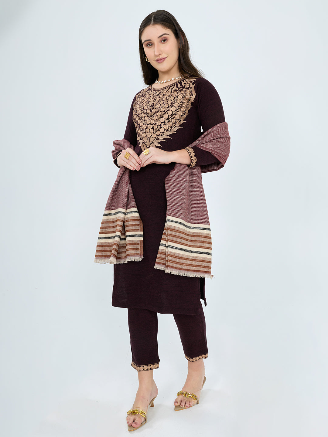 Women Maroon Stripe Polyester Acrylic Stole
