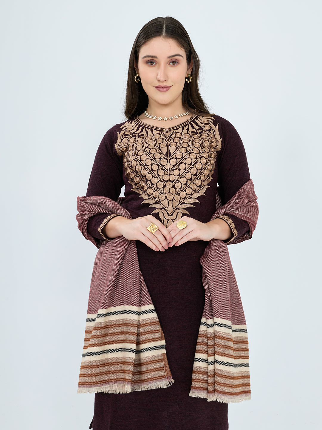 Women Maroon Stripe Polyester Acrylic Stole