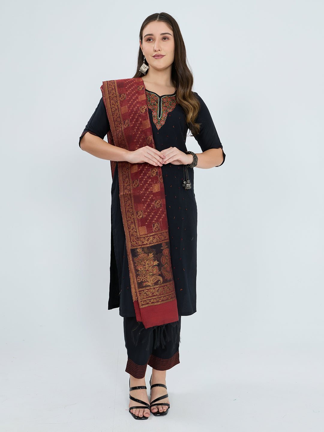 Women Maroon Traditional Motifs Polyester Cotton Stole