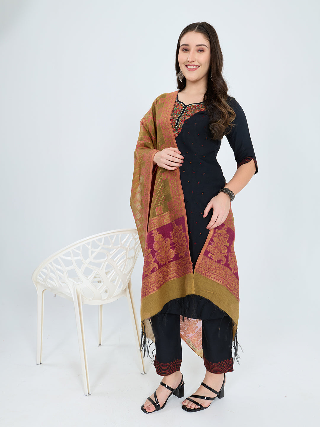 Women Mustard Traditional Motifs Polyester Cotton Stole