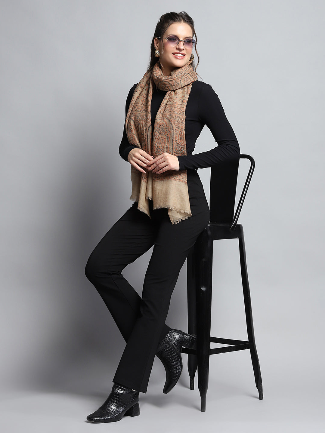 Women Brown Self Design Stole