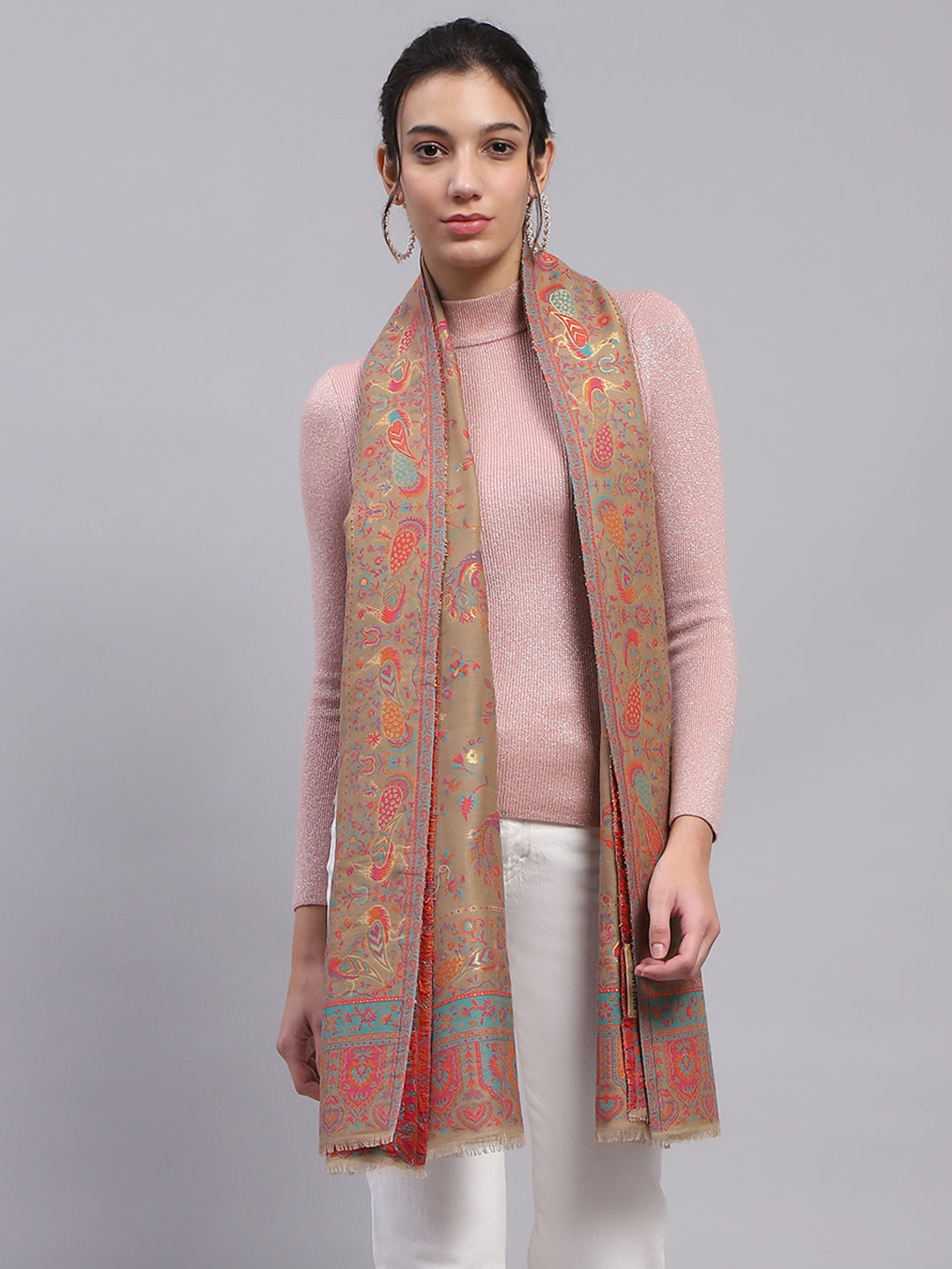 Women Beige Self Design Stole