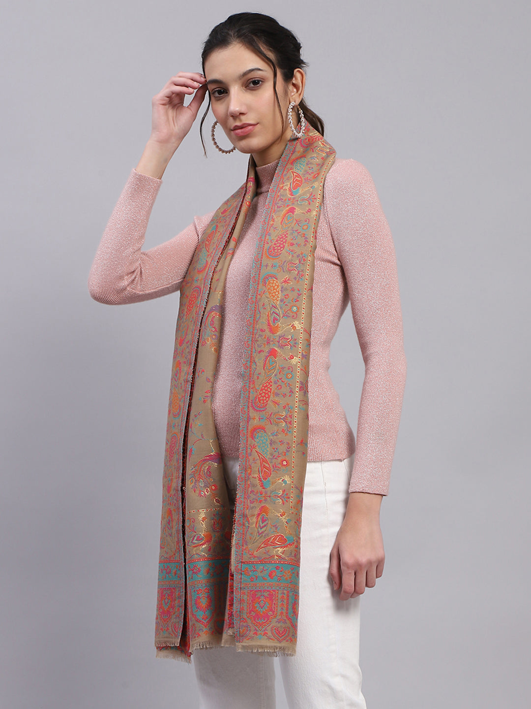 Women Beige Self Design Stole