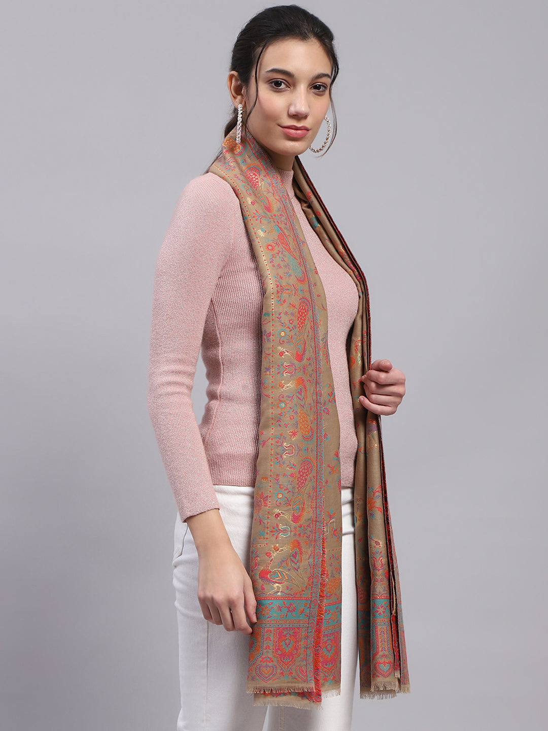 Women Beige Self Design Stole