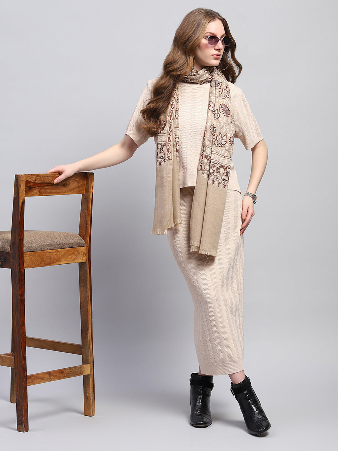 Women Beige Self Design Stole