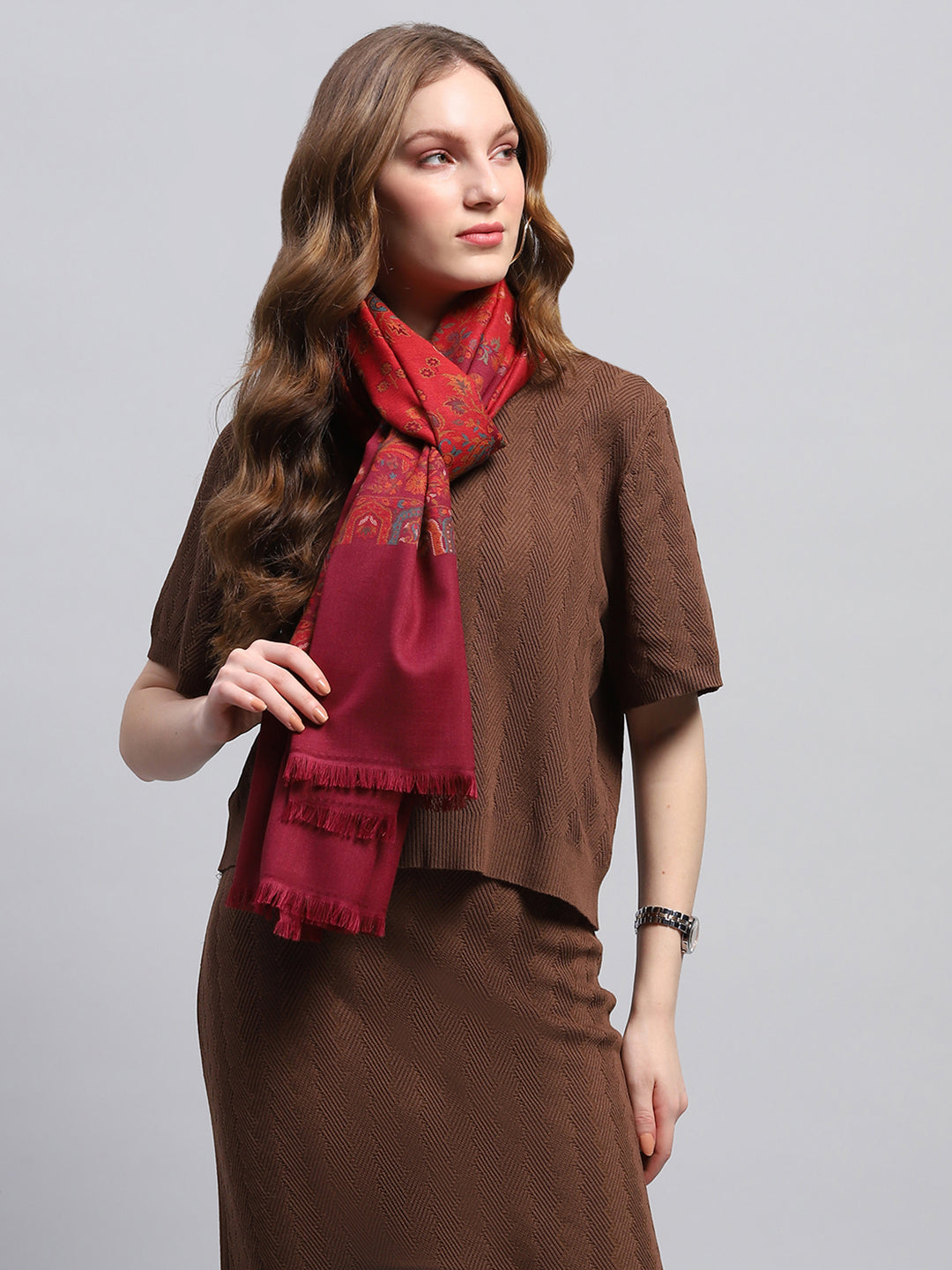 Women Maroon Self Design Stole