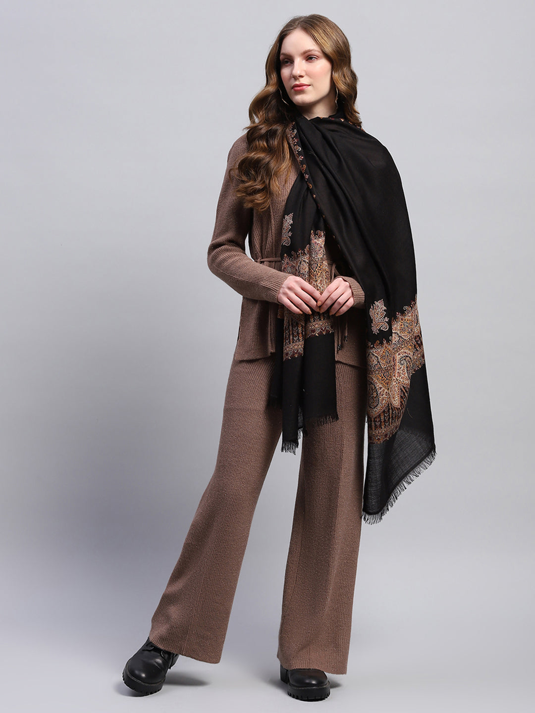 Women Black Self Design Stole