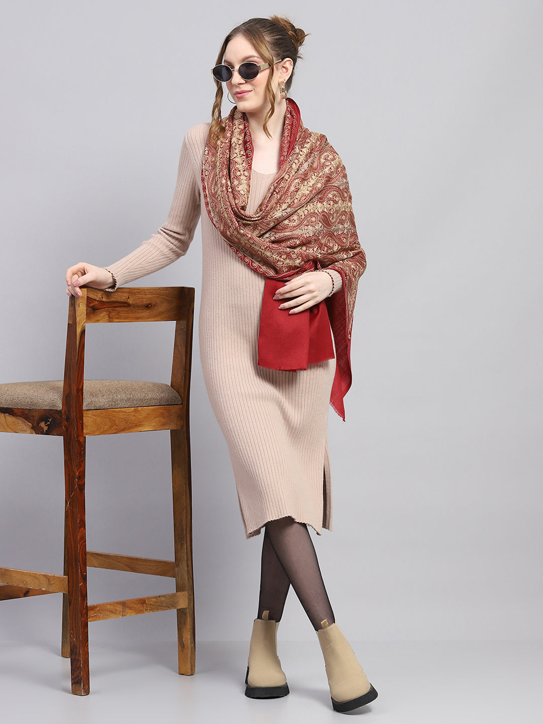 Women Rust Self Design Stole