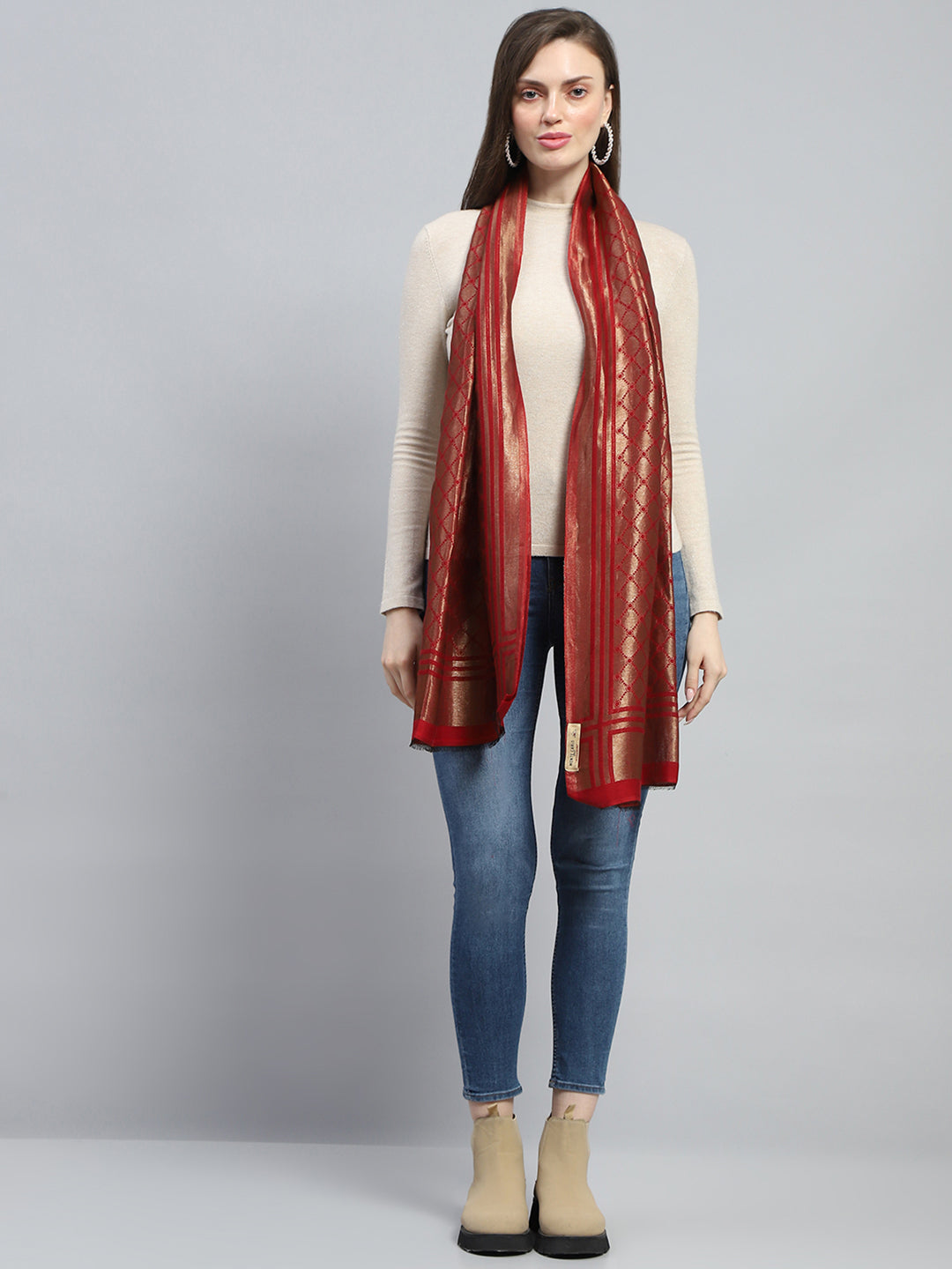 Women Maroon Self Design Stole