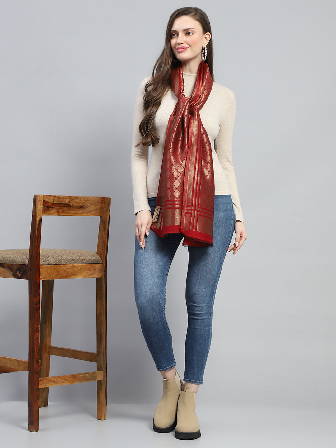 Women Maroon Self Design Stole