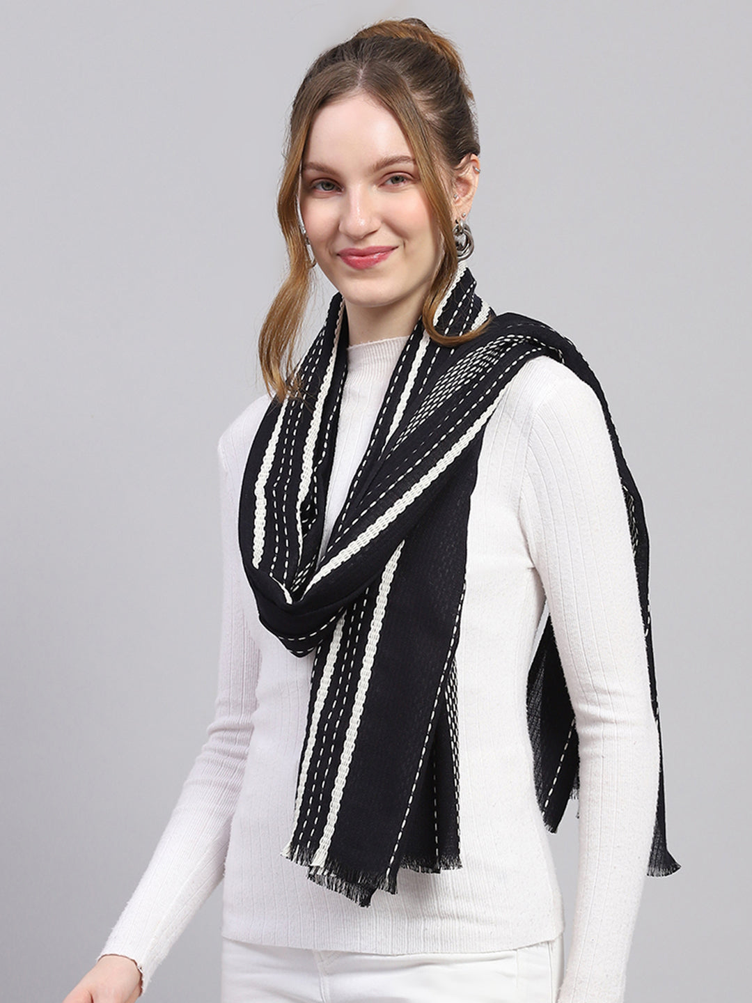 Women Black Self Design Stole