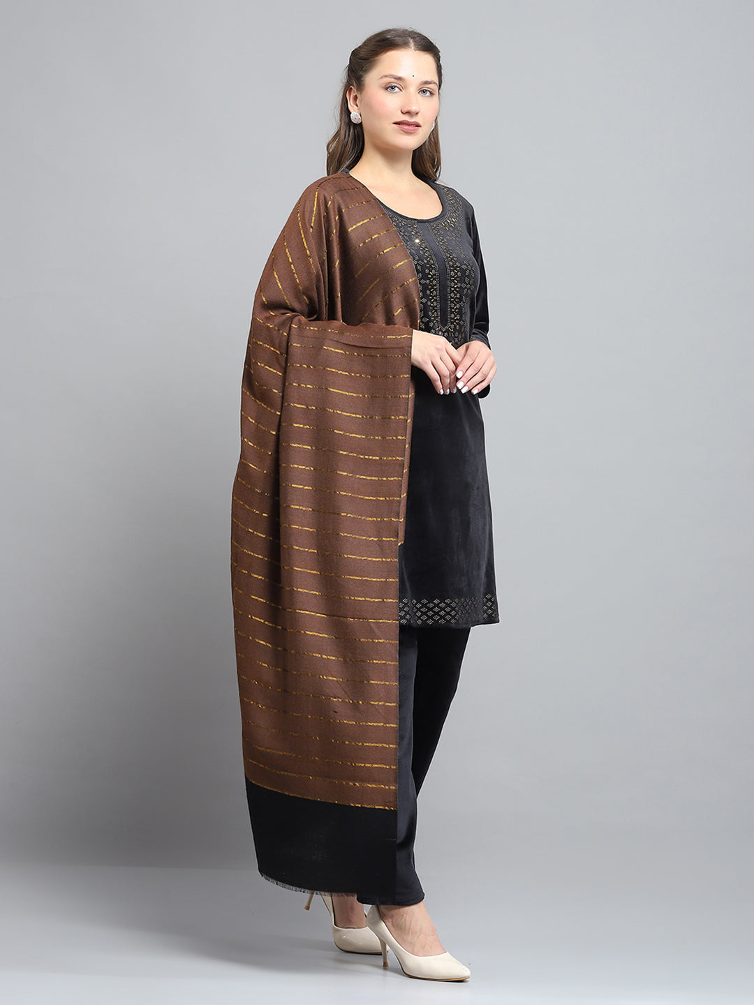 Women Brown Self Design Stole