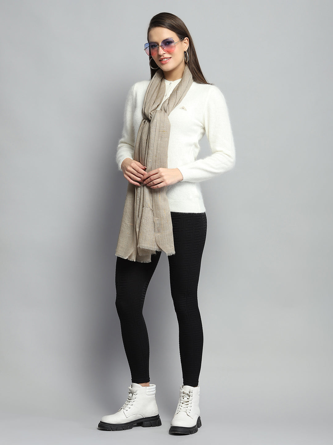 Women Beige Self Design Stole