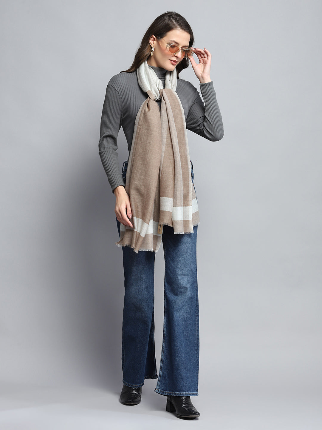 Women Beige Self Design Stole