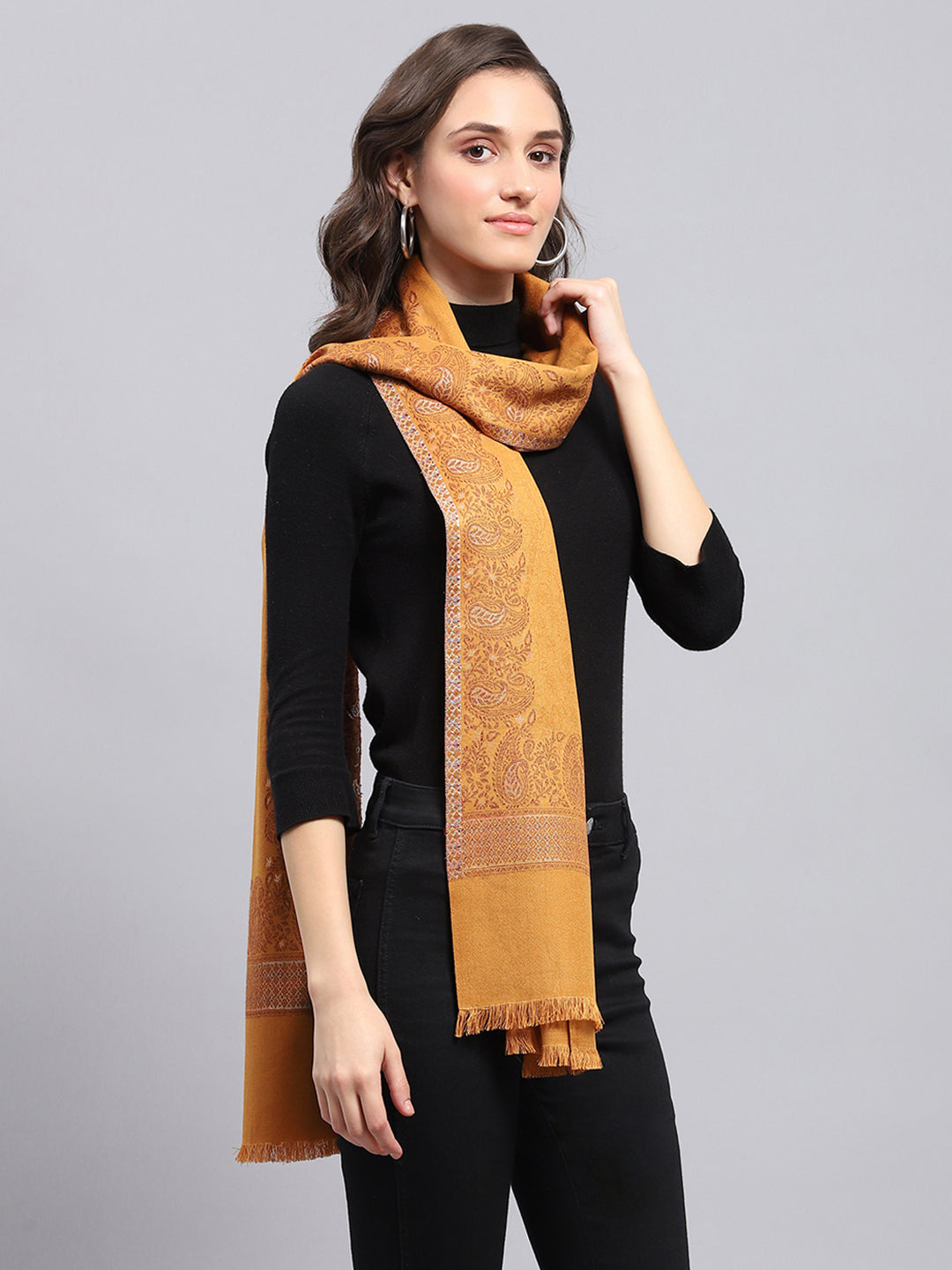 Women Mustard Self Design Stole