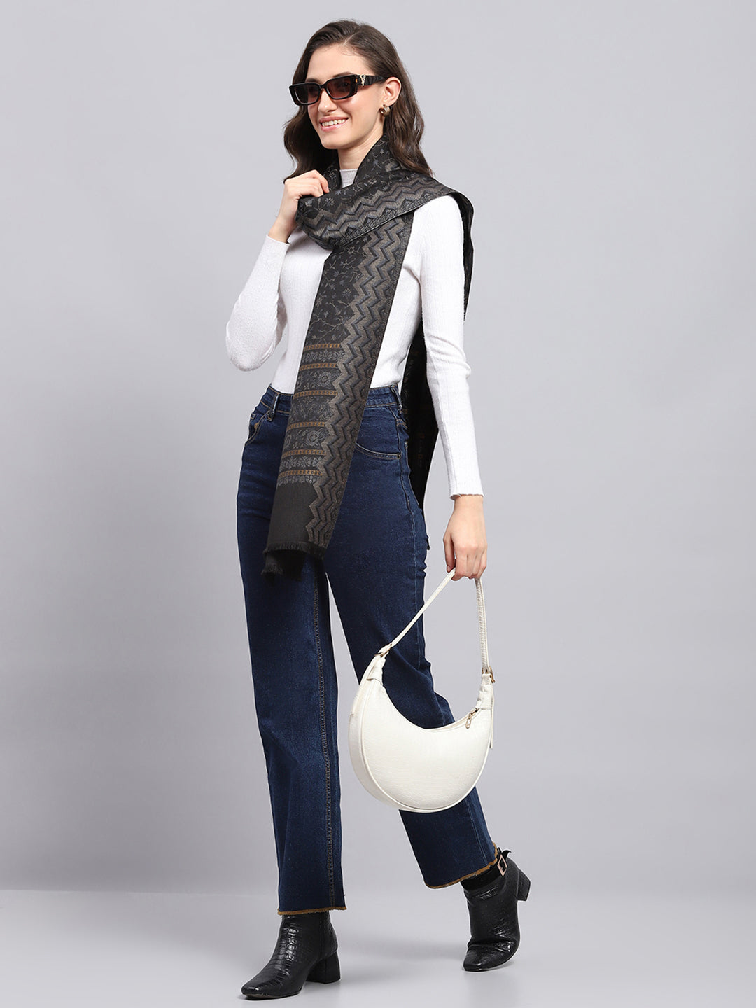 Women Black Self Design Stole