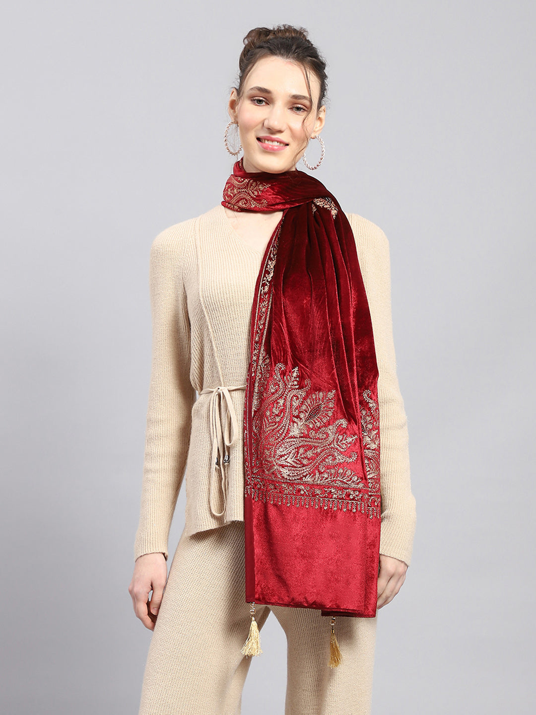 Women Maroon Self Design Stole