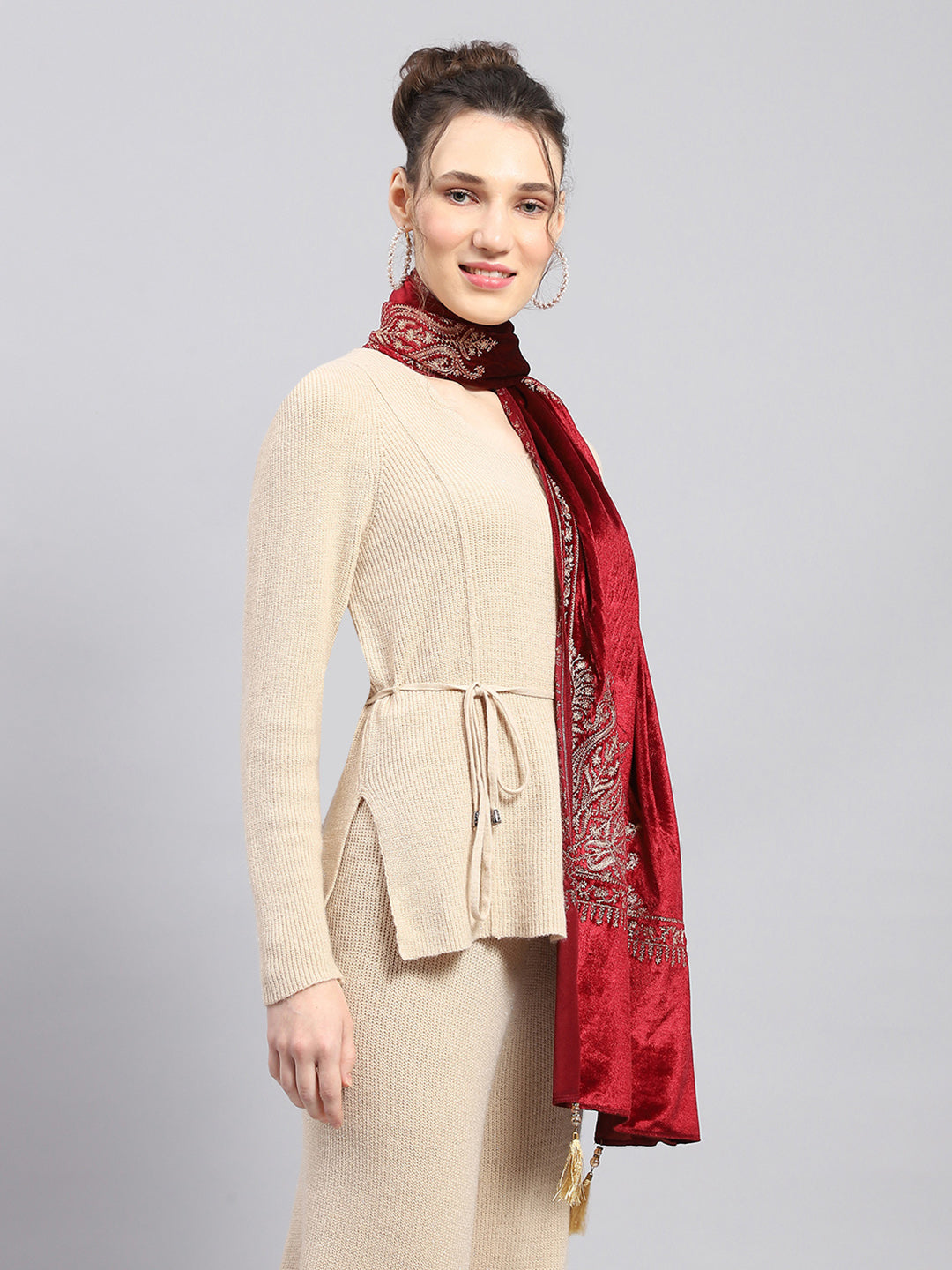 Women Maroon Self Design Stole